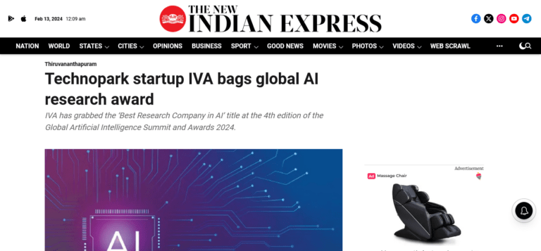 Technopark startup IVA bags global AI research award